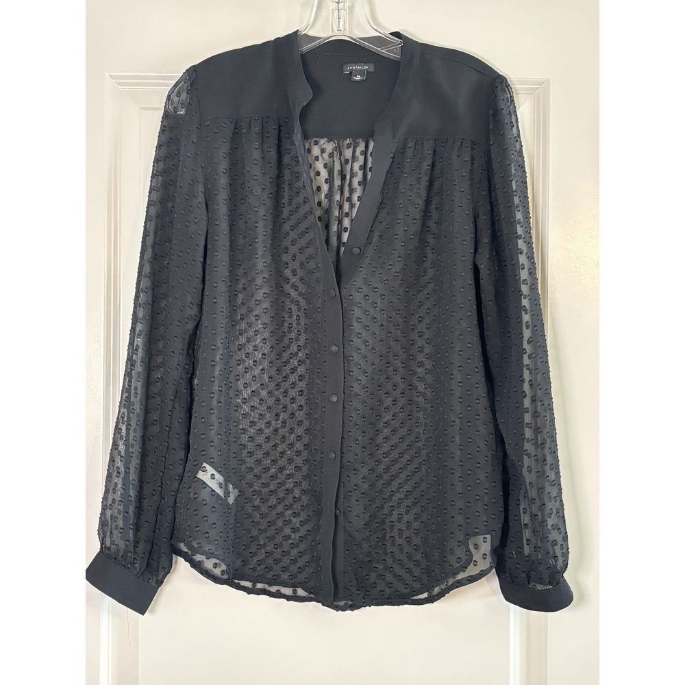 Ann Taylor Blouse Top‎ Womens Medium Black Tonal Swiss Dot Pleated Puff Sleeve